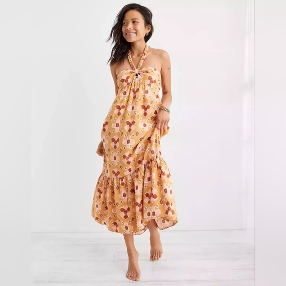 NWOT Aerie Halter Maxi Linen Lyocell Boho High-Low Sundress Smocked Back Size XS - Picture 5 of 7